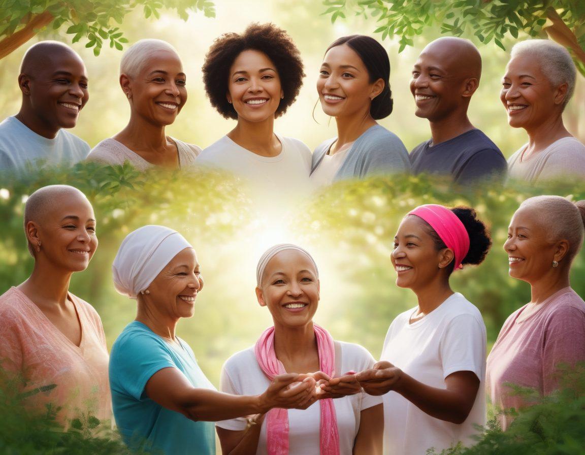 A collage depicting a diverse group of cancer survivors, from various ethnic backgrounds, engaging in a supportive community circle, exchanging stories and smiles. The background shows soothing elements like gentle greenery and soft sunlight filtering through trees, creating a warm atmosphere. Visual symbols of wellness like ribbons and hearts can be subtly incorporated. super-realistic. vibrant colors.