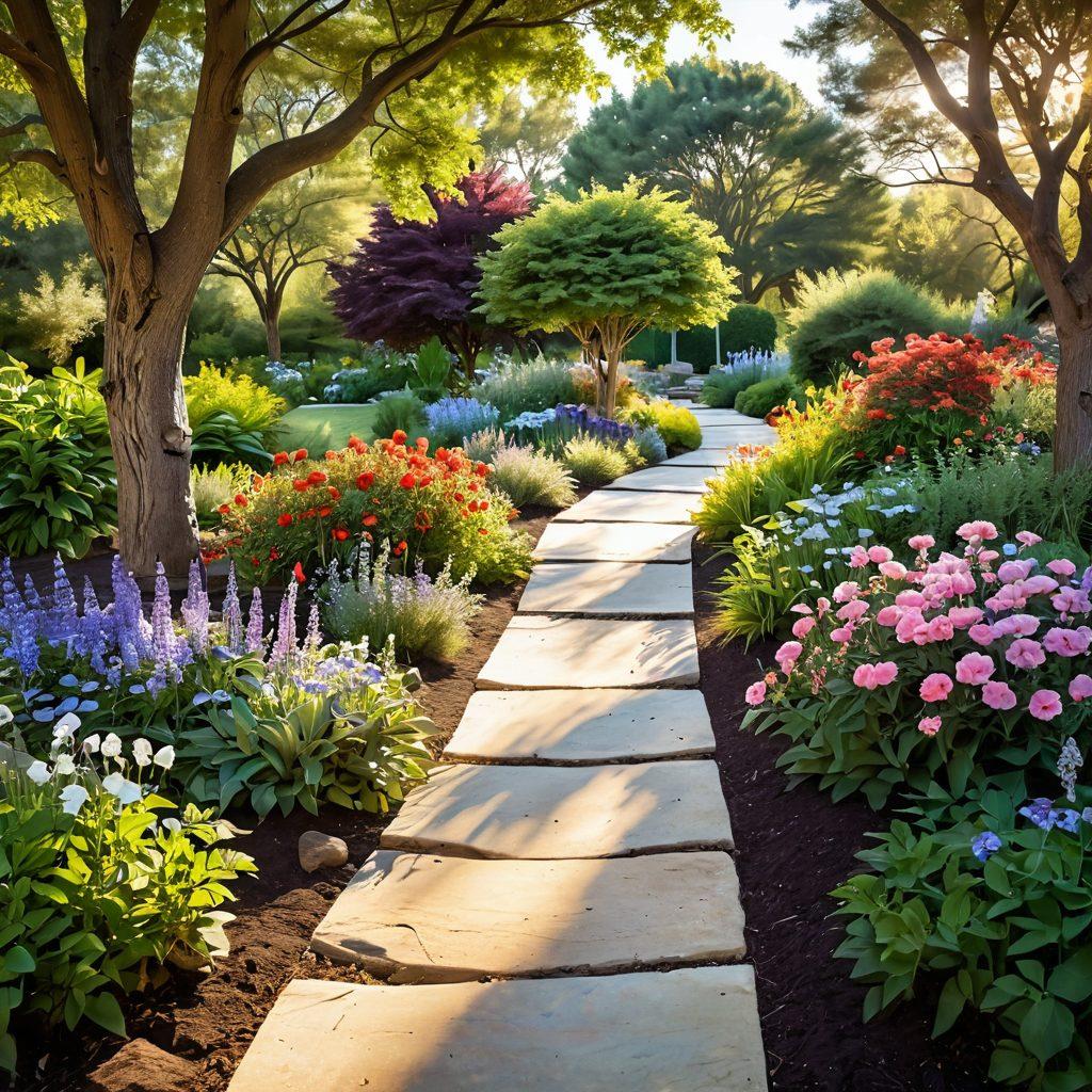 A serene landscape featuring a gentle path winding through a vibrant garden, symbolizing hope and resilience. Incorporate supportive hands holding a blooming flower, representing caregivers and survivors coming together. Soft sunlight filters through the trees, casting a warm glow. Include inspirational quotes subtly integrated into the background. super-realistic. vibrant colors. soothing atmosphere.