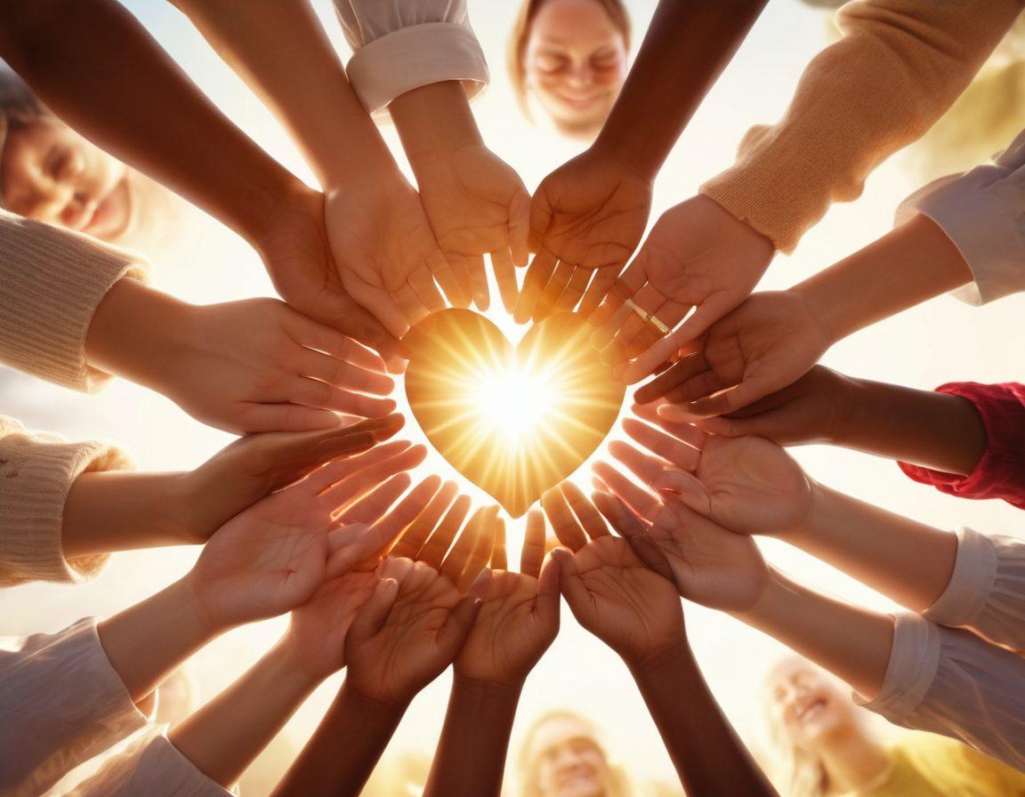 A diverse group of people from various backgrounds, holding hands in a circle, radiating warmth and hope. In the center, a glowing heart symbol representing collective wellness. Sunlight streams down, illuminating their faces, reflecting emotions of healing and resilience. Soft, calming colors to enhance the feeling of tranquility and unity. super-realistic. vibrant colors. soft focus.
